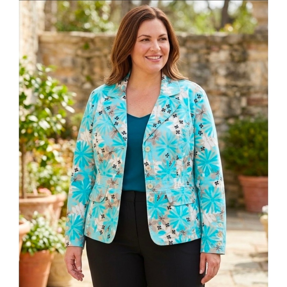 Cato Woman Turquoise Floral Blazer Jacket Plus Size 18/20W Cotton Stretch Pocket